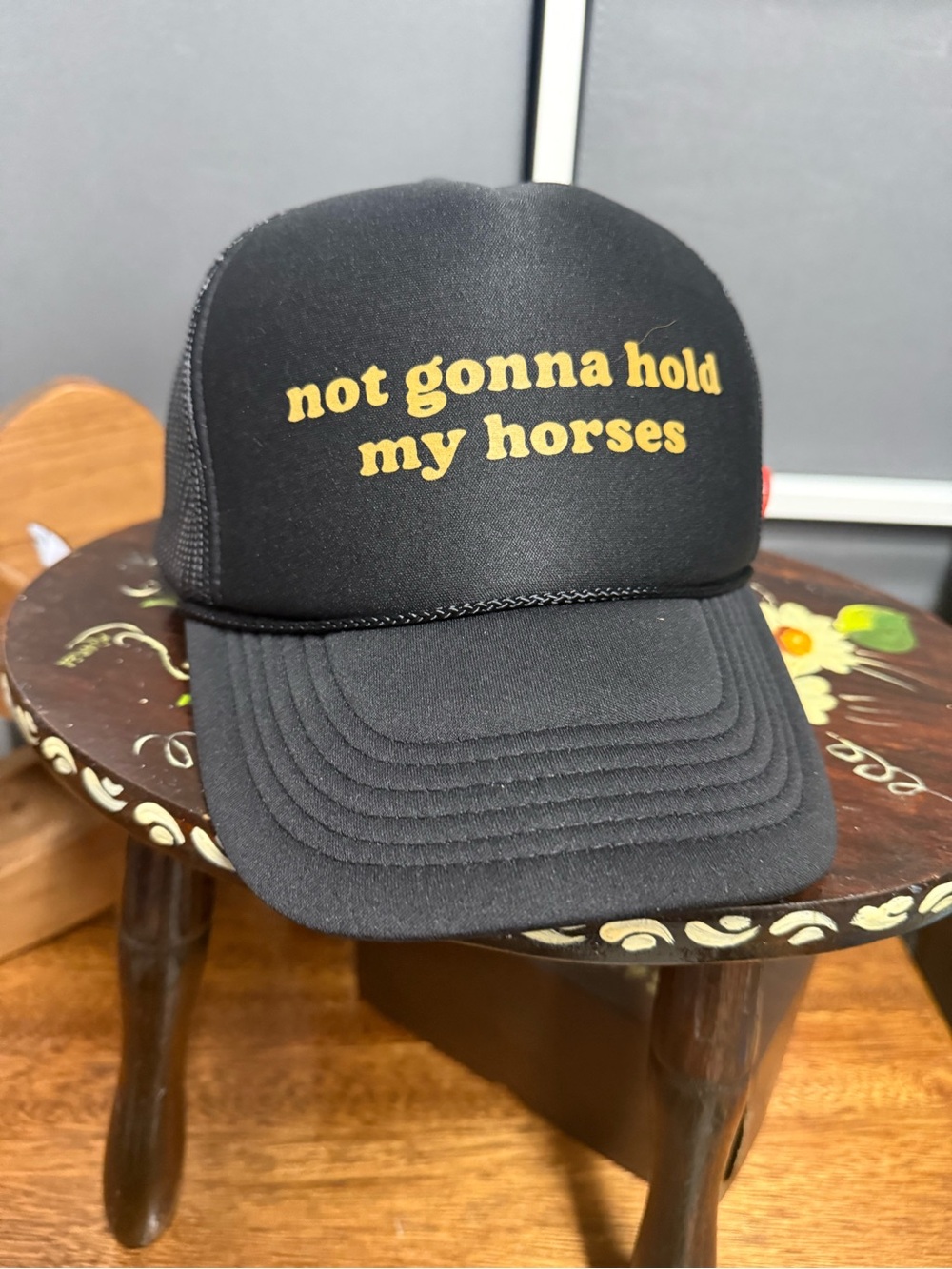 Not Gonna Hold My Horses Black Trucker Hat w/BS Tornado Pin